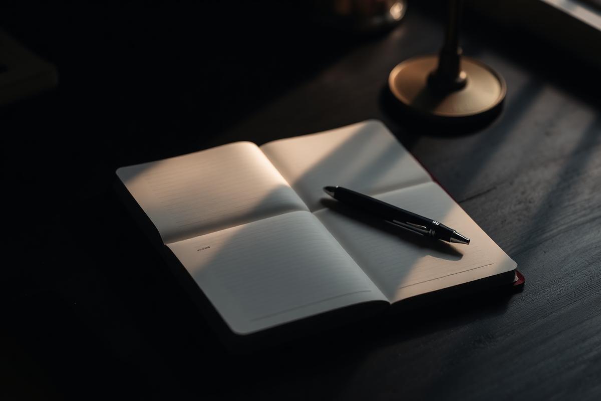A notebook and lamp on a desk at night