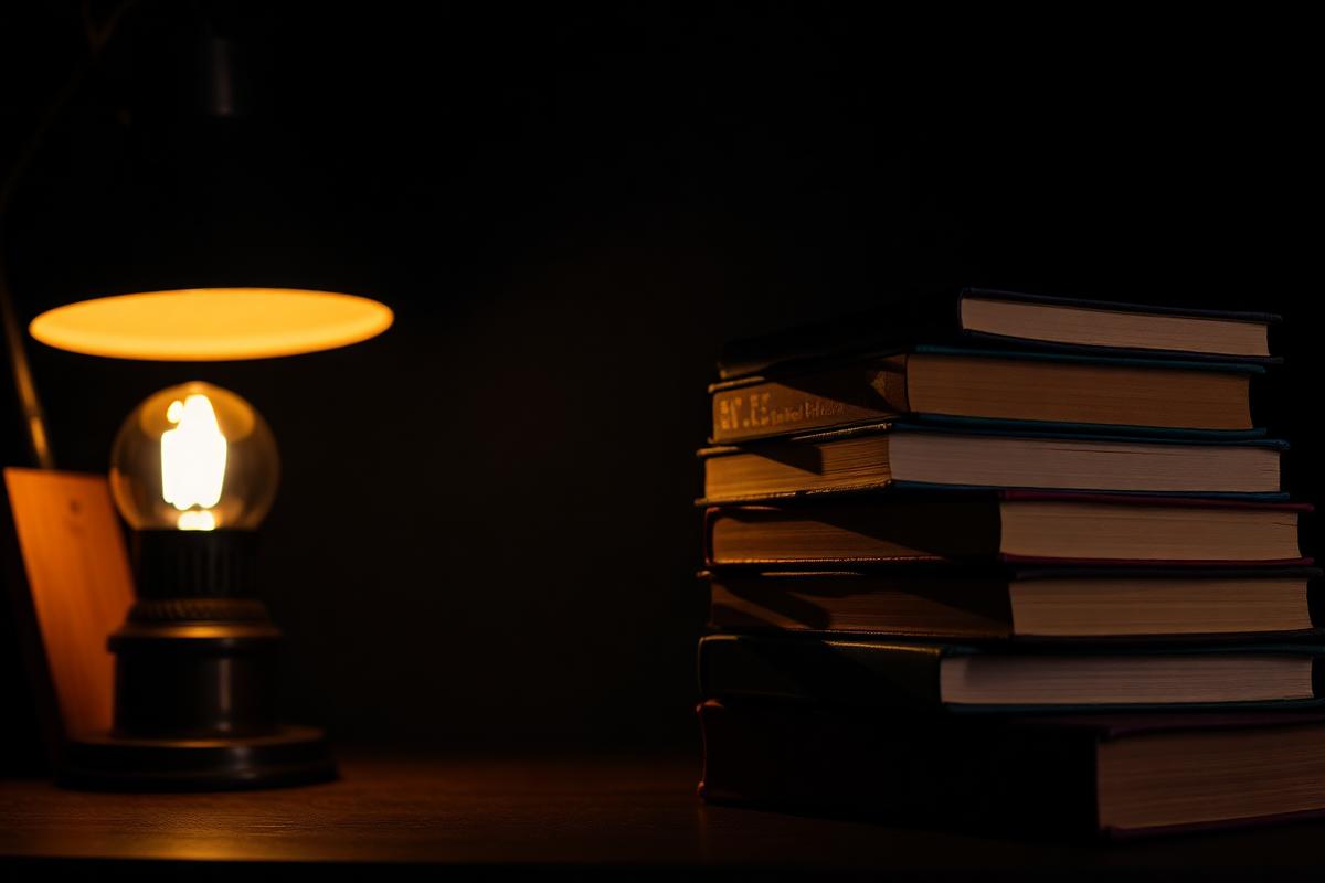 A stack of books beside a reading lamp