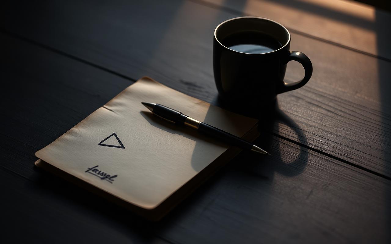 A notebook with a single checkmark beside a pen and coffee cup on a dark desk