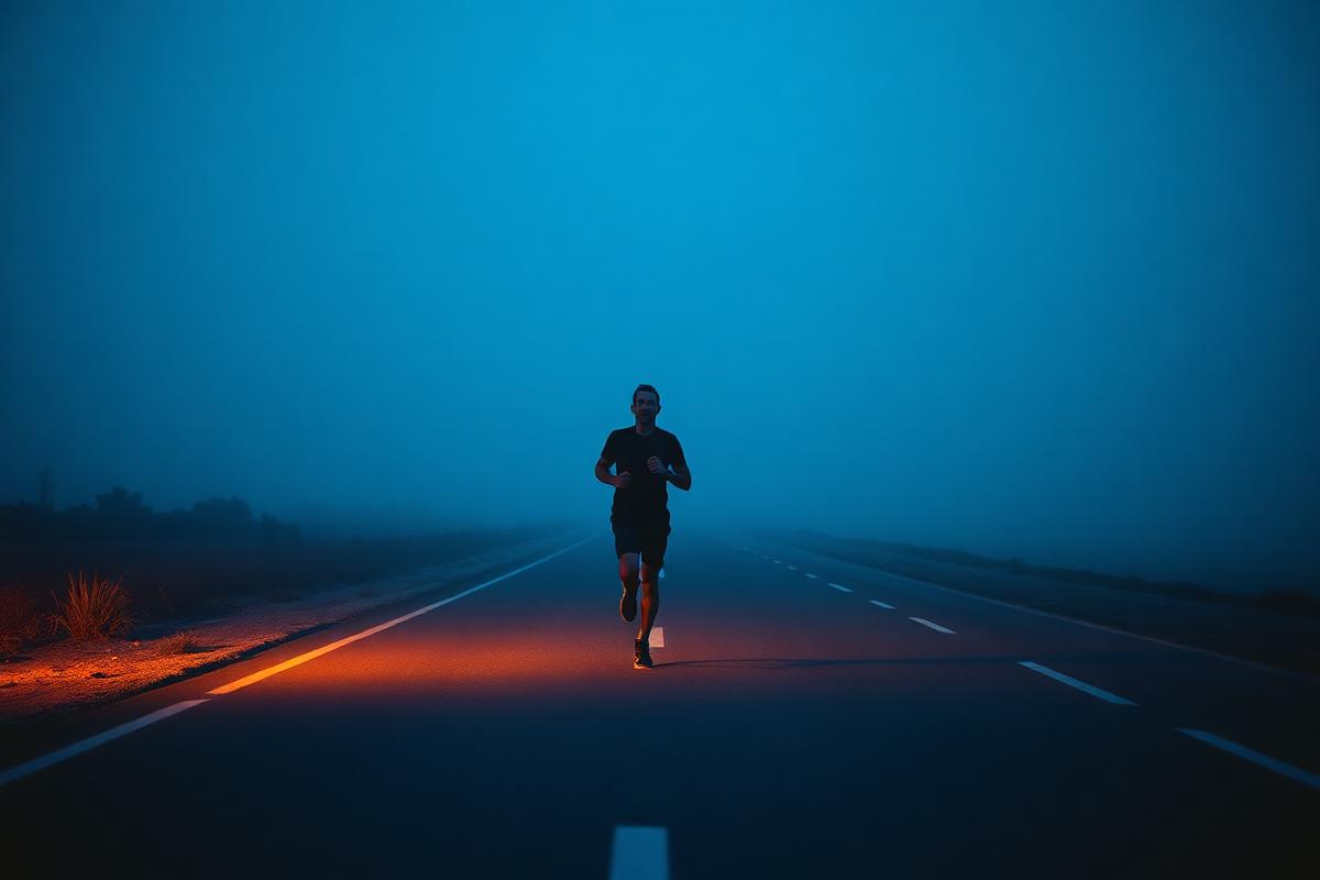 A lone runner on an empty road at dawn in cold blue light