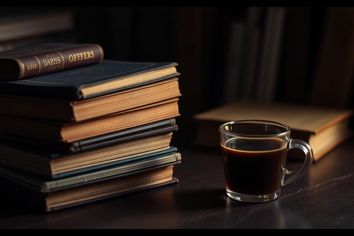 A stack of worn books beside a cup of coffee on a dark desk