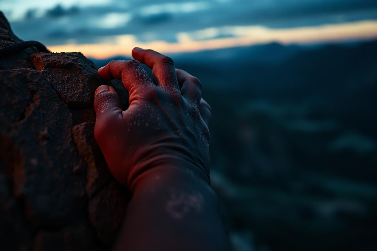 A climber's hands gripping rock at dusk