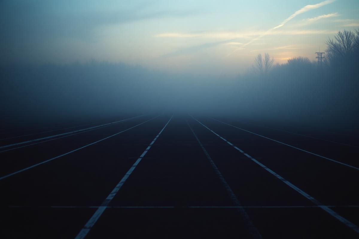 Repeating lane markings on a running track fading into dawn mist