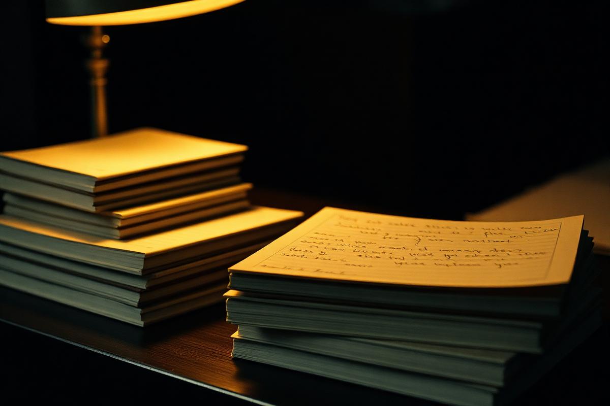 A stack of identical handwritten notebooks under a warm desk lamp