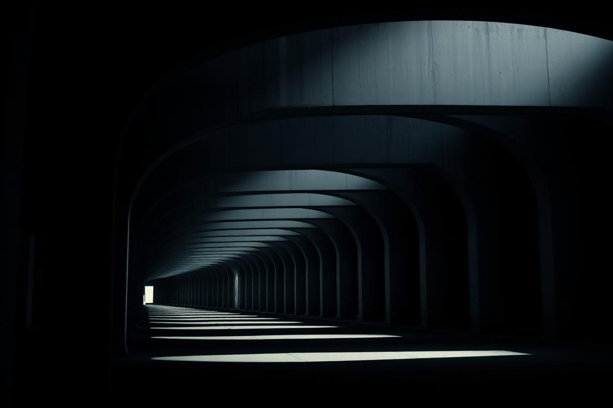 Rows of repeating concrete arches receding into shadow