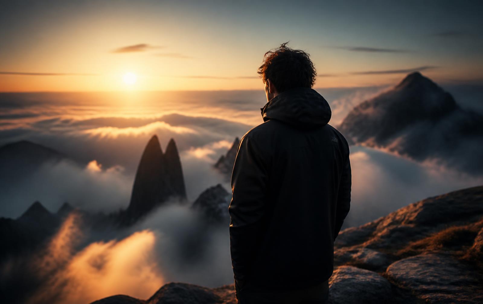 A person watching sunrise from a mountain ridge above the clouds