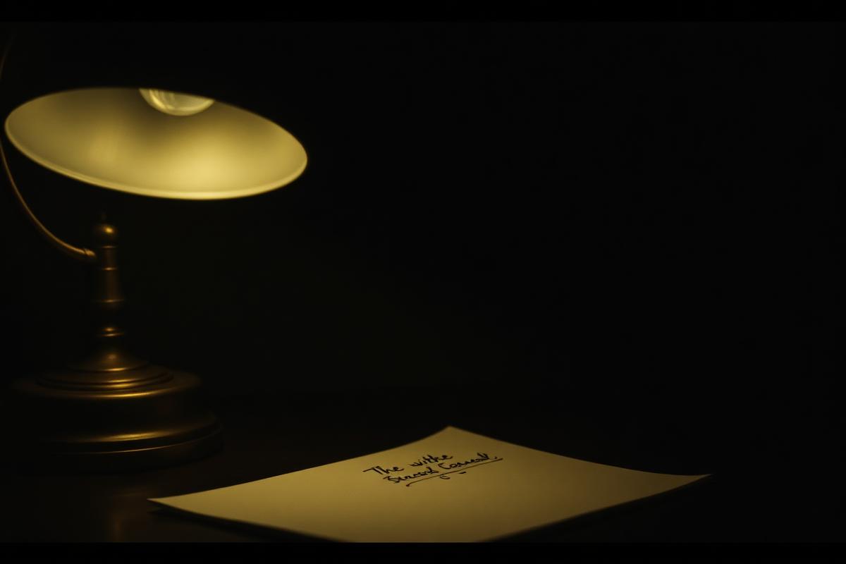 A single handwritten sentence on paper under a brass desk lamp in darkness