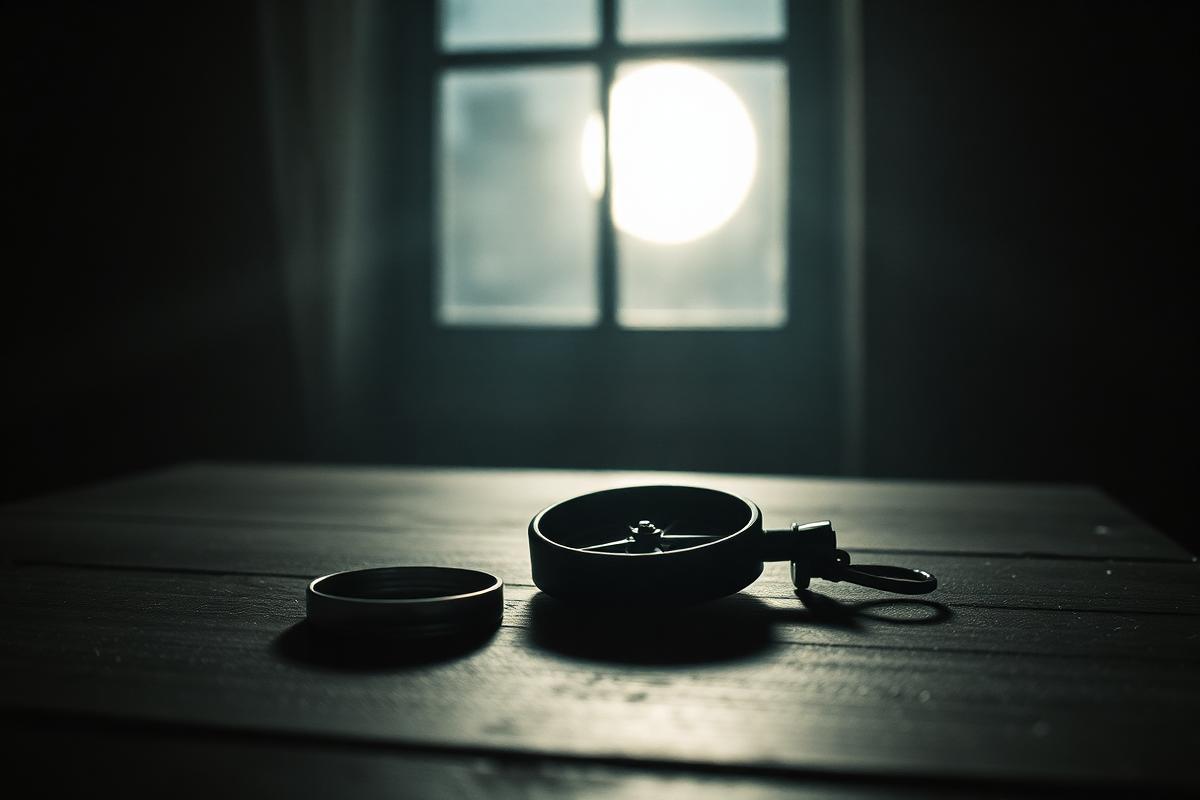 A compass on a dark wooden table lit by moonlight through a window