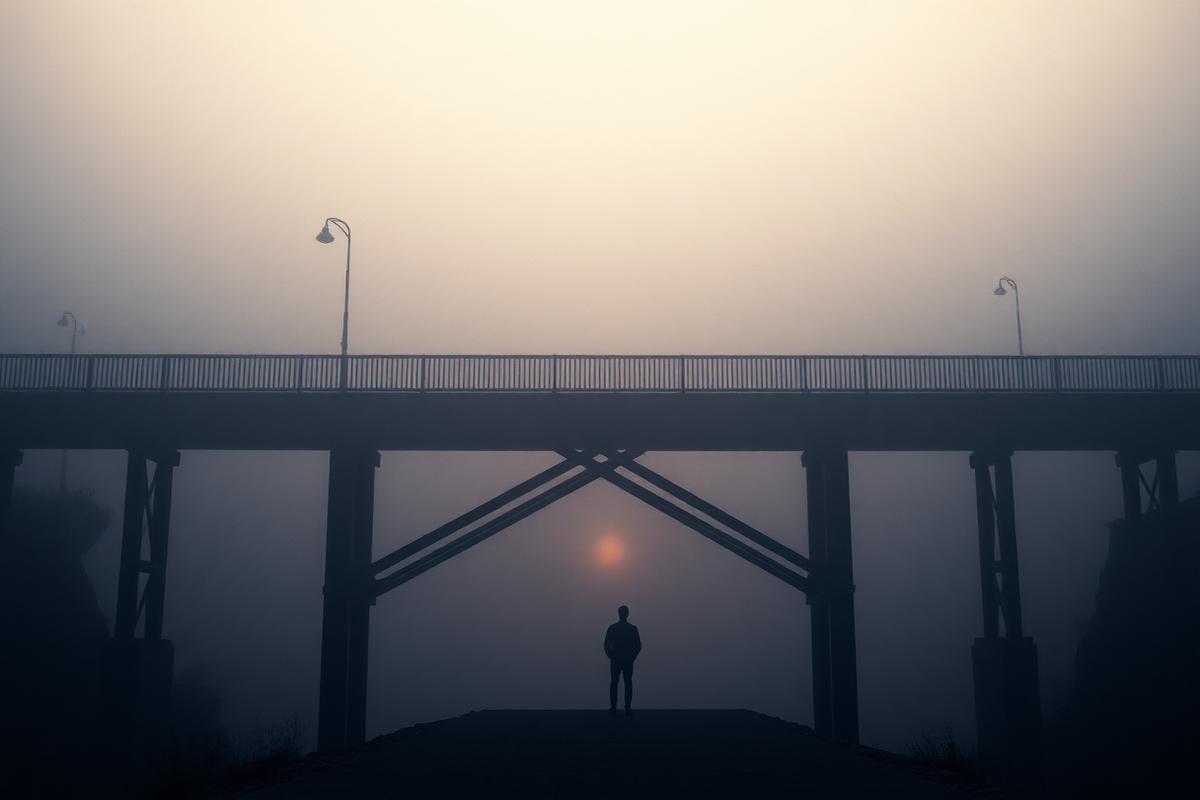 A lone figure standing at the edge of a fog-covered bridge at dawn