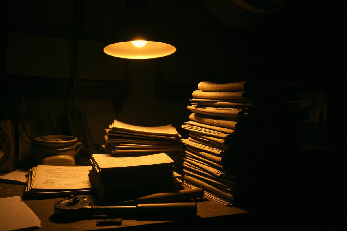 Worn technical manuals and tools stacked on a workbench under a single lamp