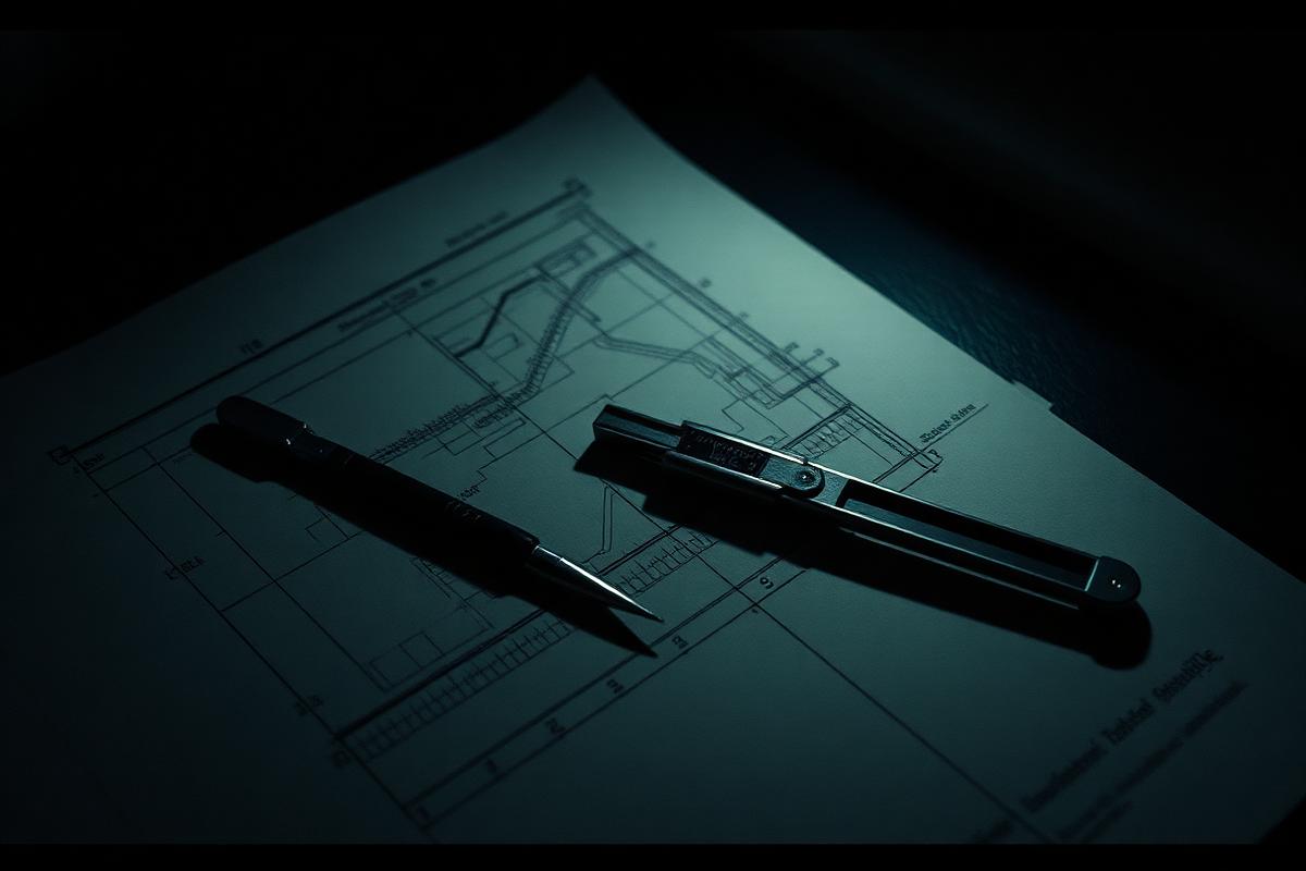 An architect's rough sketch and drafting compass on dark paper lit from one side
