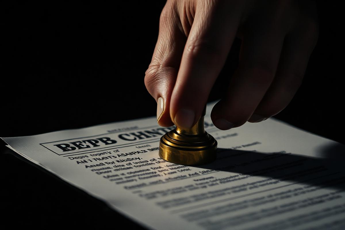 A hand pressing a heavy brass stamp onto a document